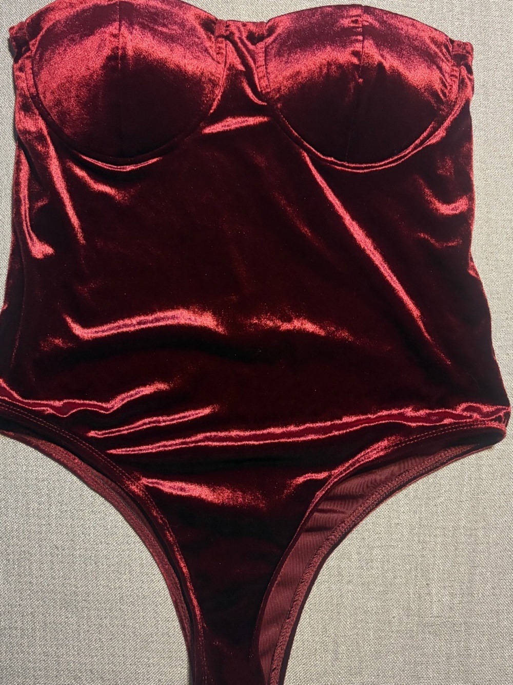 Shinestar Burgundy Red Velvet Thong Bodysuit Underwire Strapless High Cut Leg M